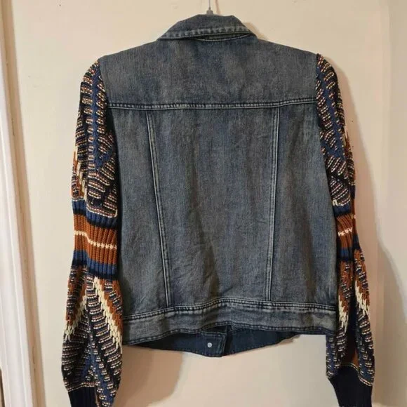 Flying Tomato Size Medium Boho Sweater Sleeve Denim Jacket - Picture 10 of 10